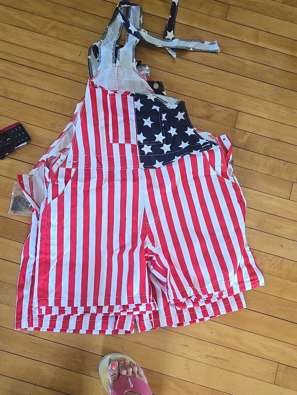 Patriotic Red & White Striped Short Overalls with Star Panel